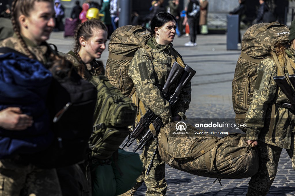 Ukrainian female soldiers heading to the frontline from Lviv