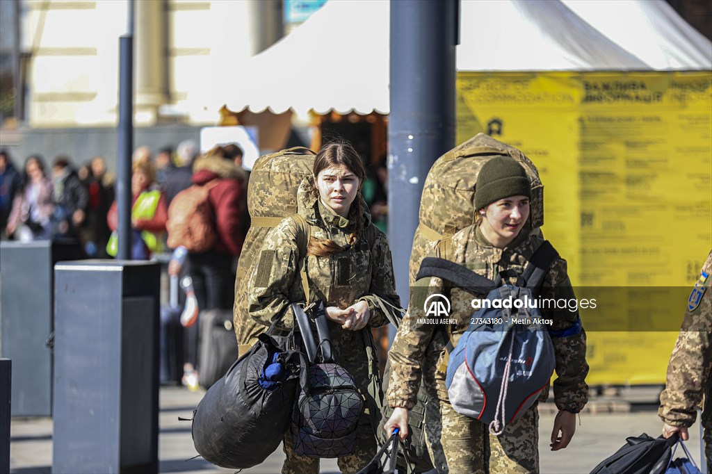 Ukrainian female soldiers heading to the frontline from Lviv