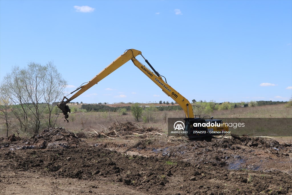 Edirne'de asfalt şantiyesinden tarlalara akan zifti temizleme çalışmaları devam ediyor