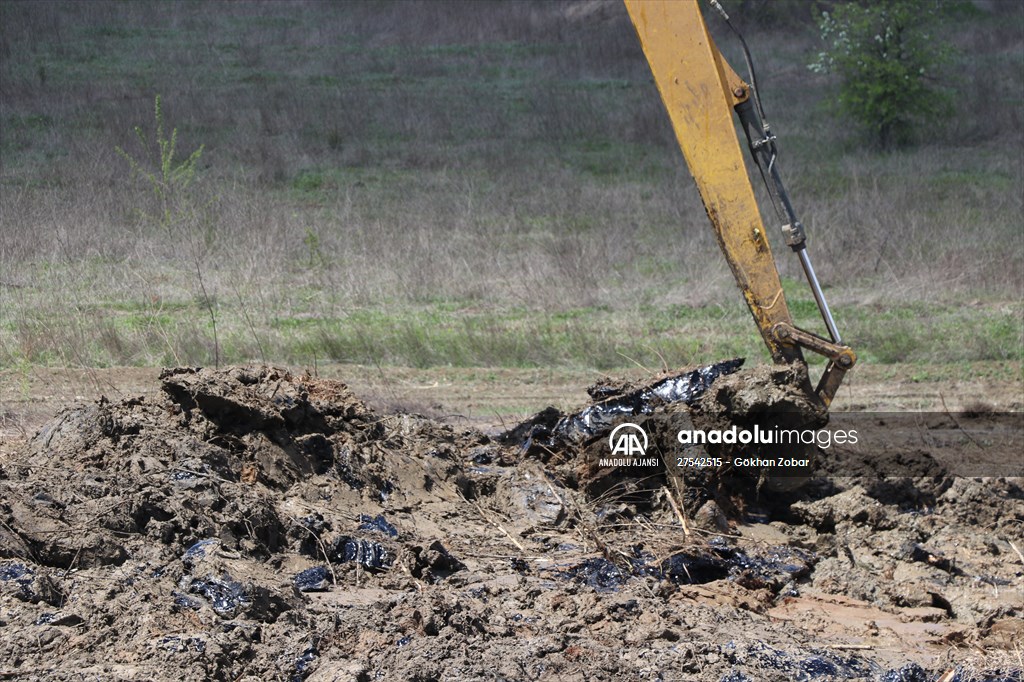 Edirne'de asfalt şantiyesinden tarlalara akan zifti temizleme çalışmaları devam ediyor