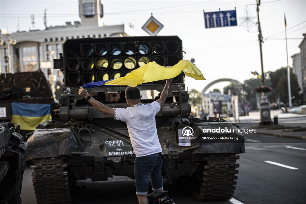 Captured Russian military vehicles displayed in Ukrainian capital