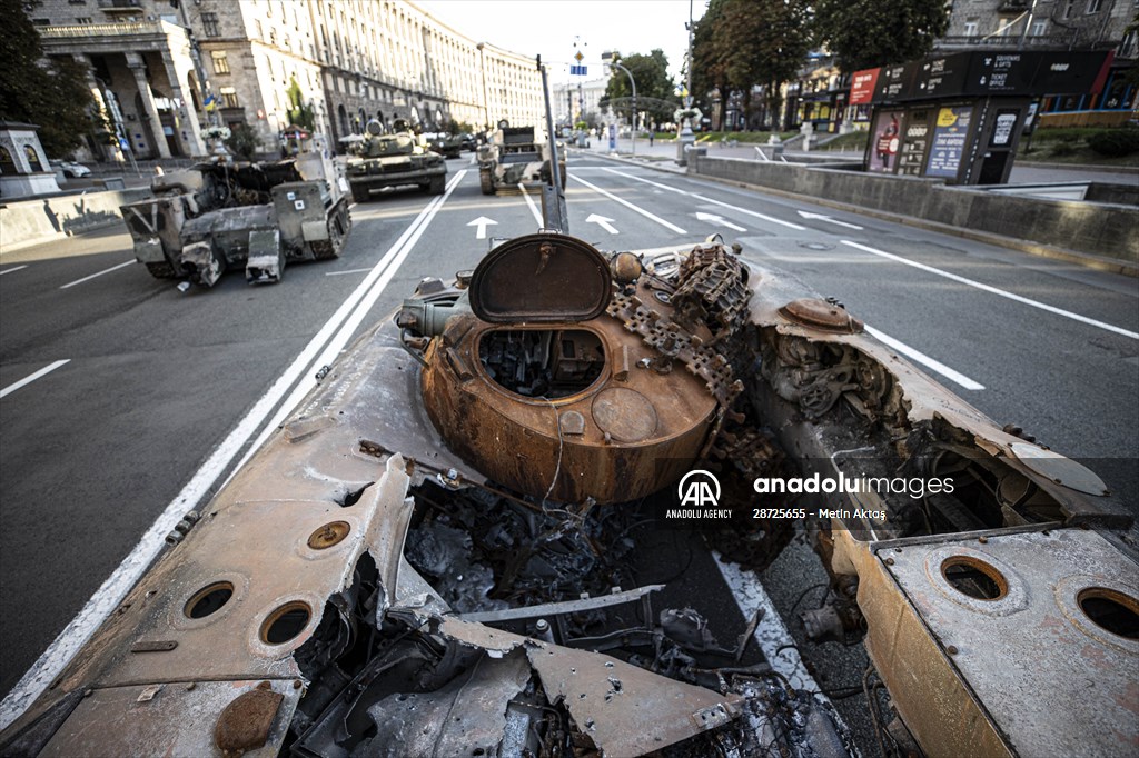 Captured Russian military vehicles displayed in Ukrainian capital