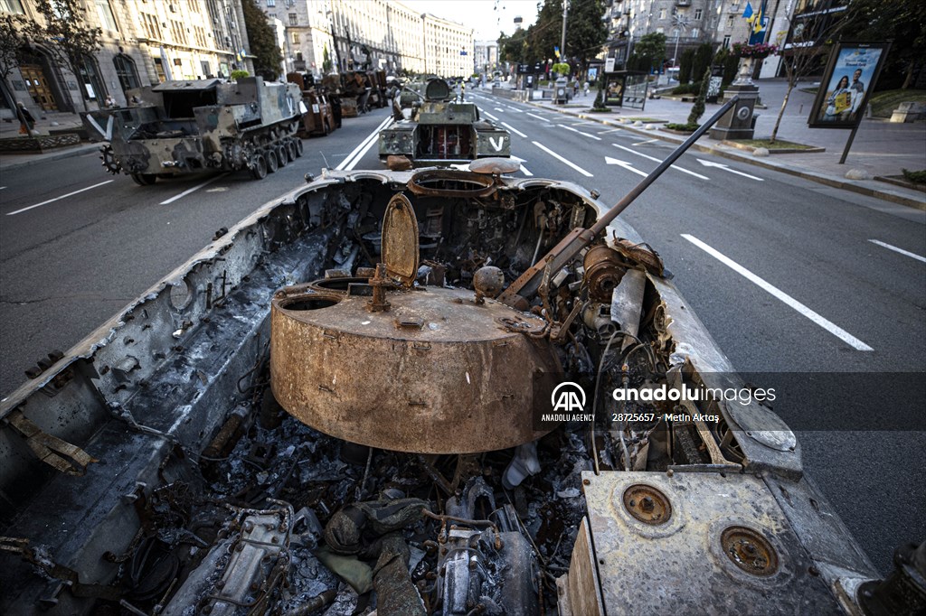 Captured Russian military vehicles displayed in Ukrainian capital