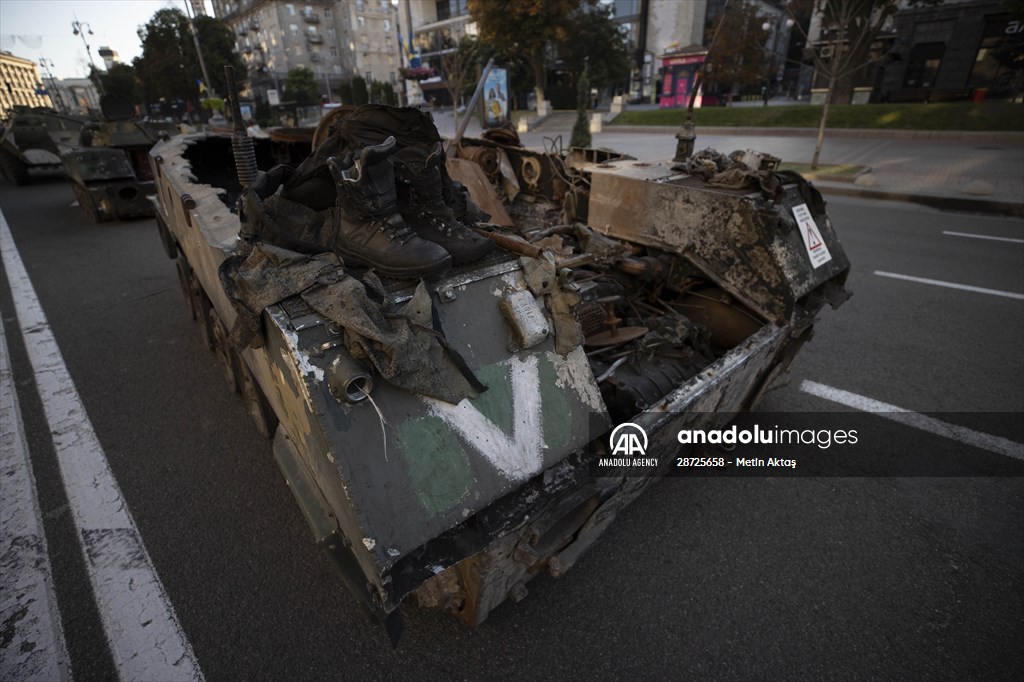 Captured Russian military vehicles displayed in Ukrainian capital