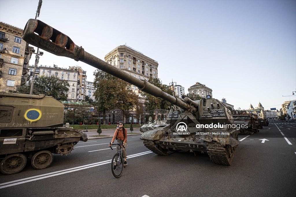 Captured Russian military vehicles displayed in Ukrainian capital