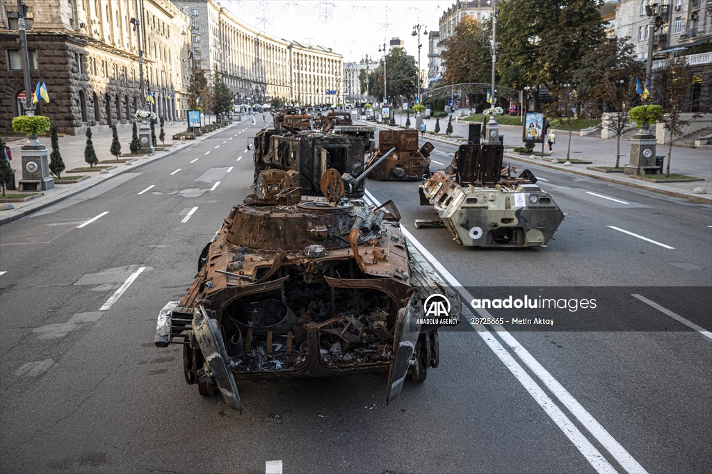 Captured Russian military vehicles displayed in Ukrainian capital