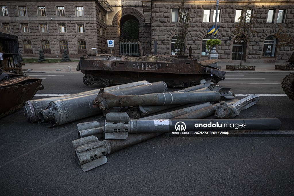 Captured Russian military vehicles displayed in Ukrainian capital