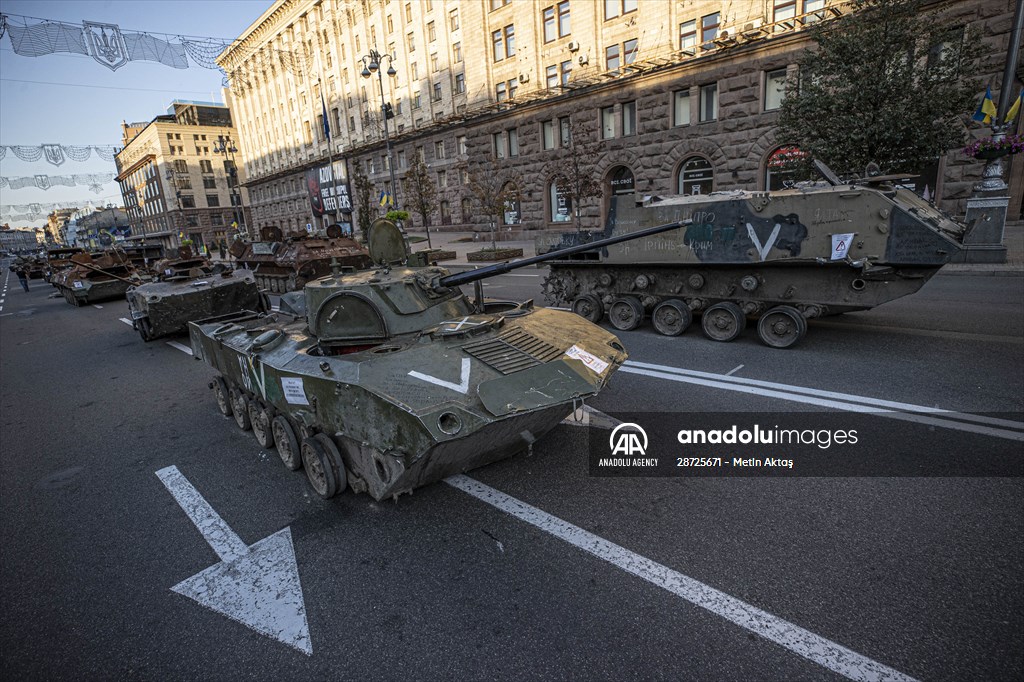 Captured Russian military vehicles displayed in Ukrainian capital