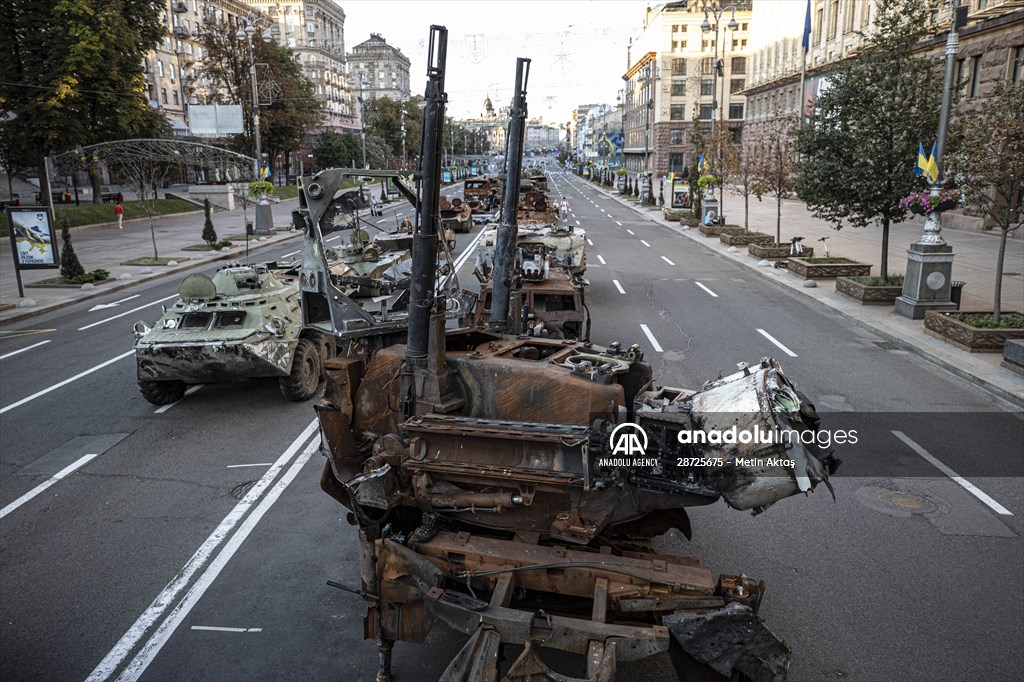 Captured Russian military vehicles displayed in Ukrainian capital