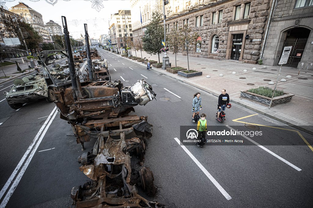 Captured Russian military vehicles displayed in Ukrainian capital