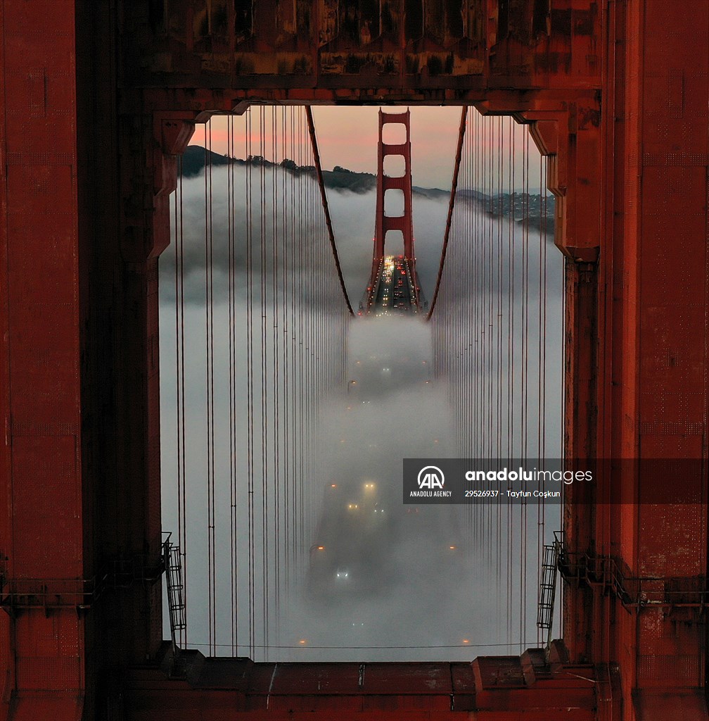 Golden Gate Bridge covered with mesmerizing fog