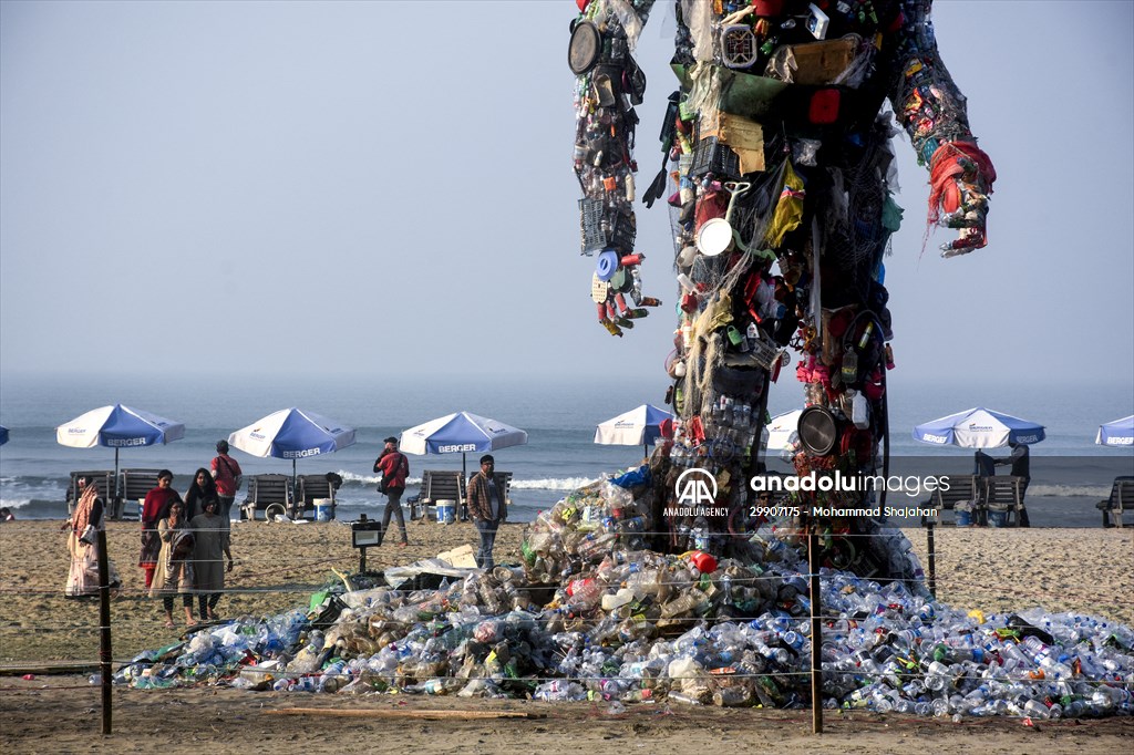 42 feet monster made of plastic waste on Cox's Bazar beach in Bangladesh