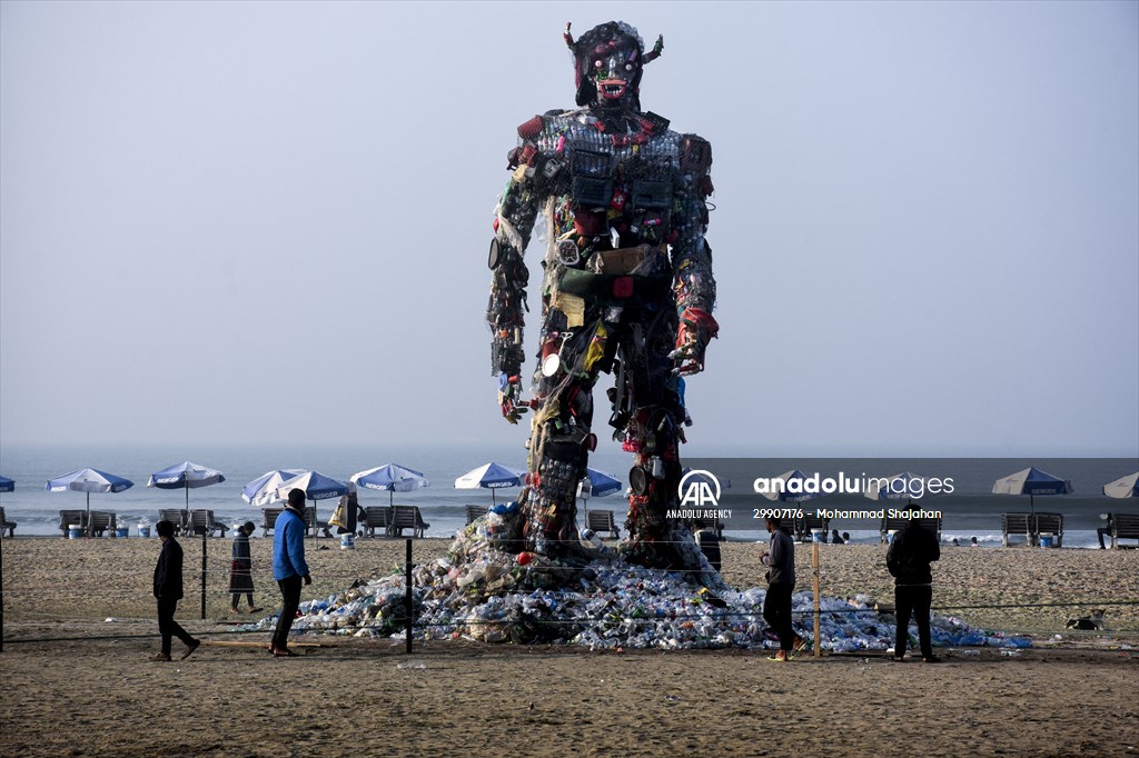 42 feet monster made of plastic waste on Cox's Bazar beach in Bangladesh