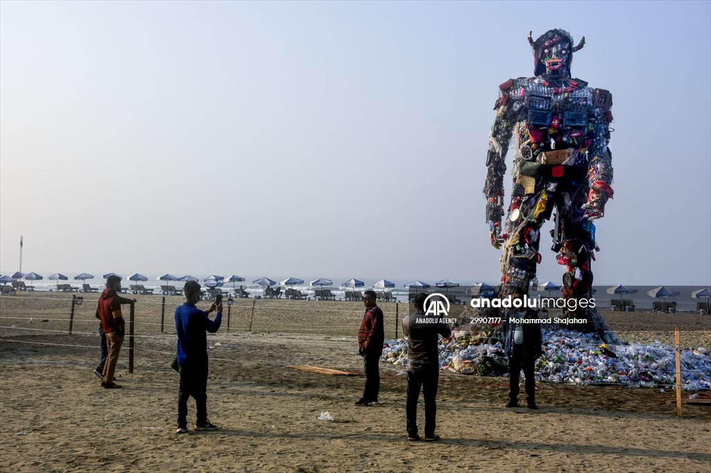 42 feet monster made of plastic waste on Cox's Bazar beach in Bangladesh