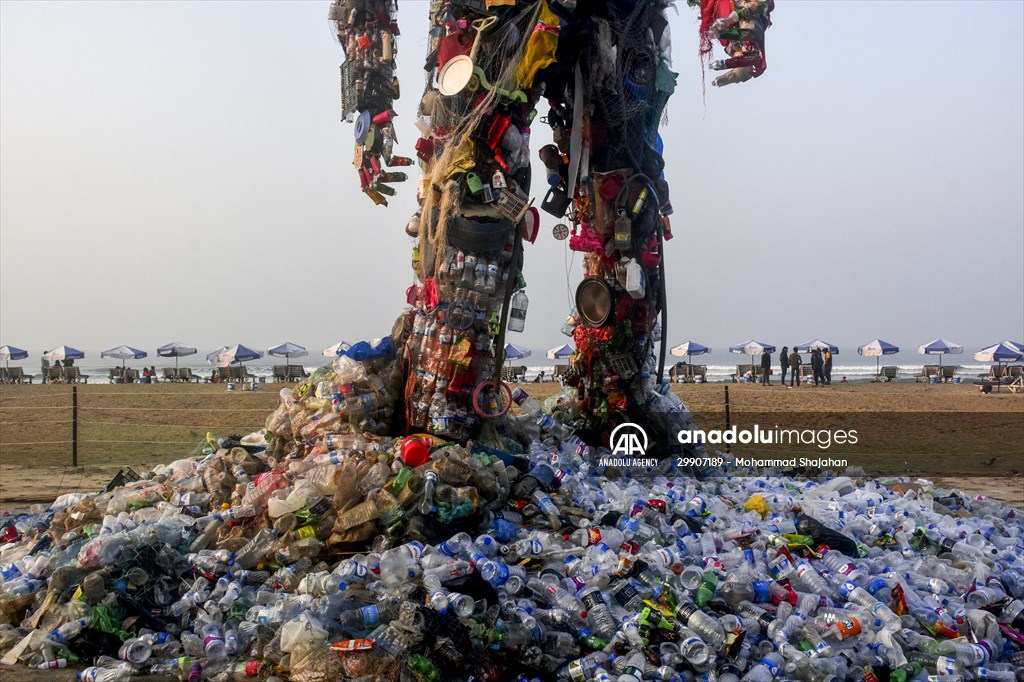 42 feet monster made of plastic waste on Cox's Bazar beach in Bangladesh