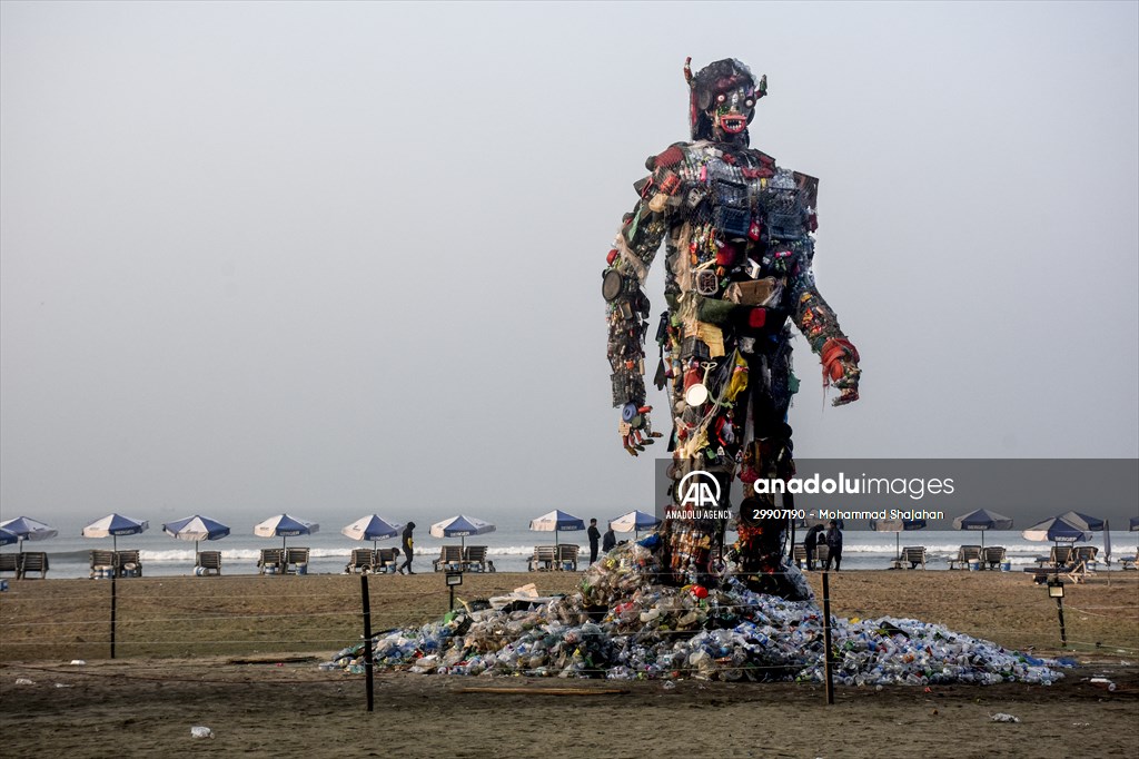 42 feet monster made of plastic waste on Cox's Bazar beach in Bangladesh