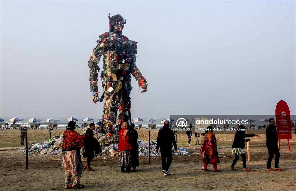 42 feet monster made of plastic waste on Cox's Bazar beach in Bangladesh