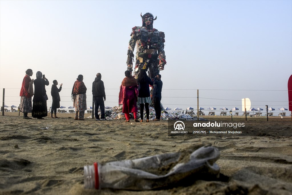 42 feet monster made of plastic waste on Cox's Bazar beach in Bangladesh