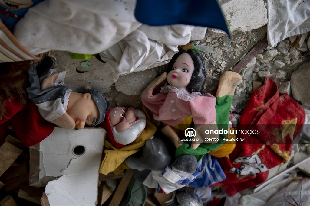 Toys left behind by Ukrainian children war-torn city of Kharkiv