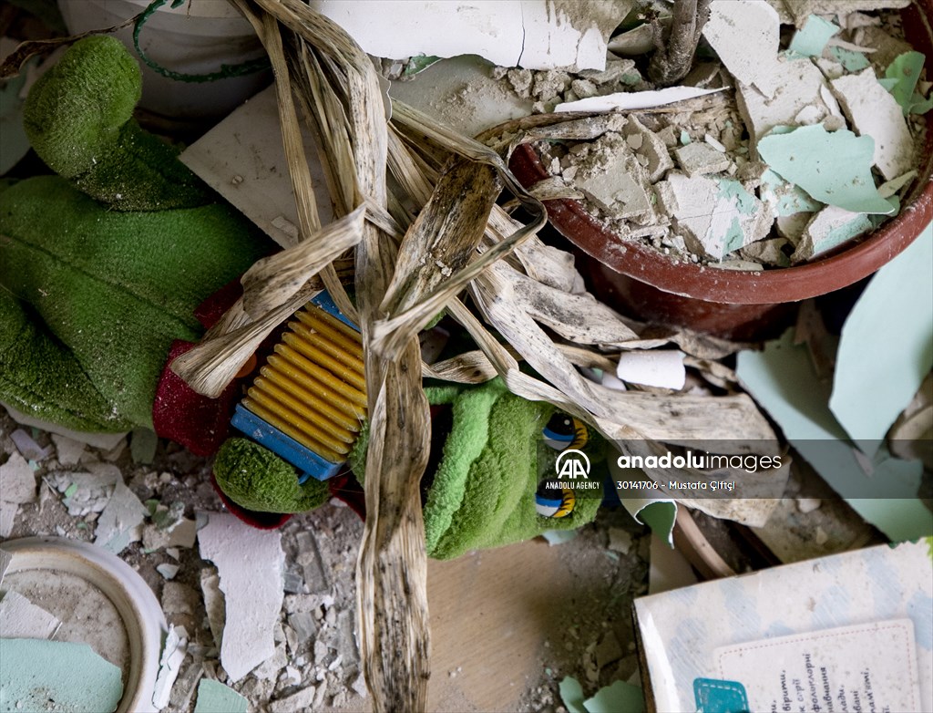 Toys left behind by Ukrainian children war-torn city of Kharkiv