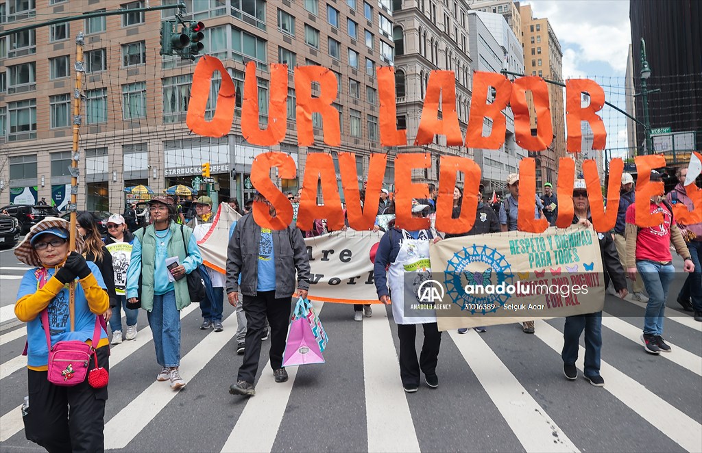 Workers march on May Day in New York City