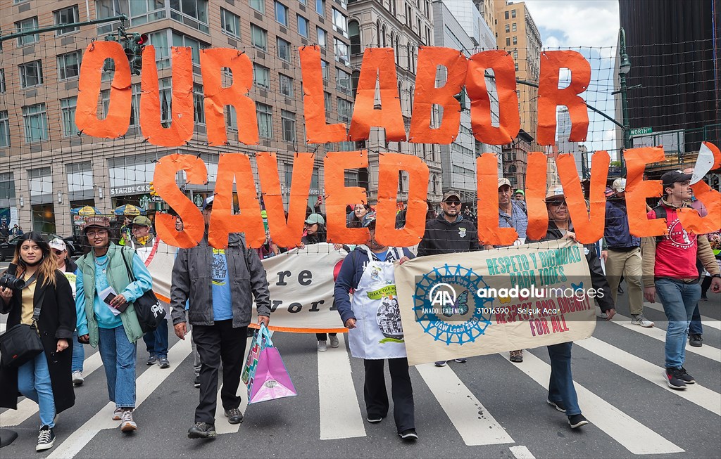 Workers march on May Day in New York City