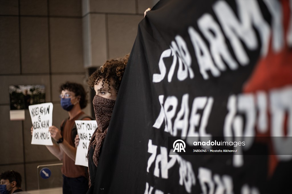 Israeli demonstrators demand Berlin administration cut arms exports to Israel in Tel Aviv