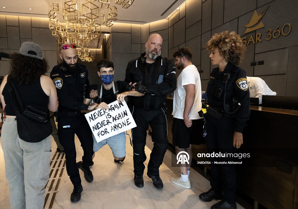 Israeli demonstrators demand Berlin administration cut arms exports to Israel in Tel Aviv