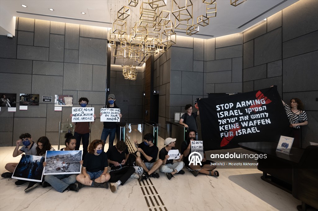 Israeli demonstrators demand Berlin administration cut arms exports to Israel in Tel Aviv