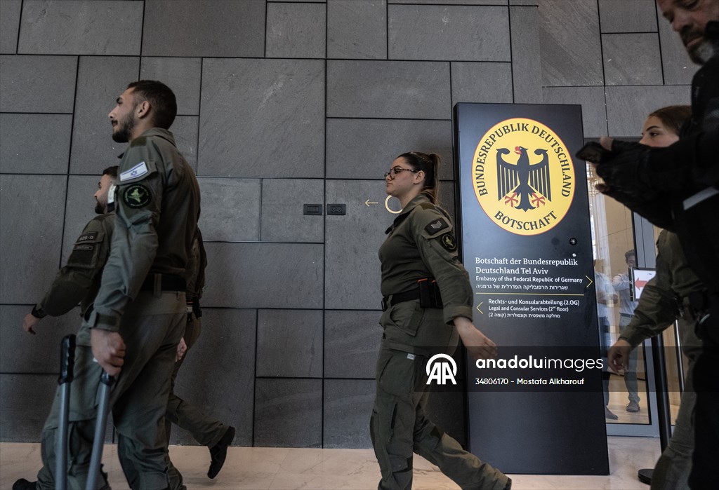 Israeli demonstrators demand Berlin administration cut arms exports to Israel in Tel Aviv