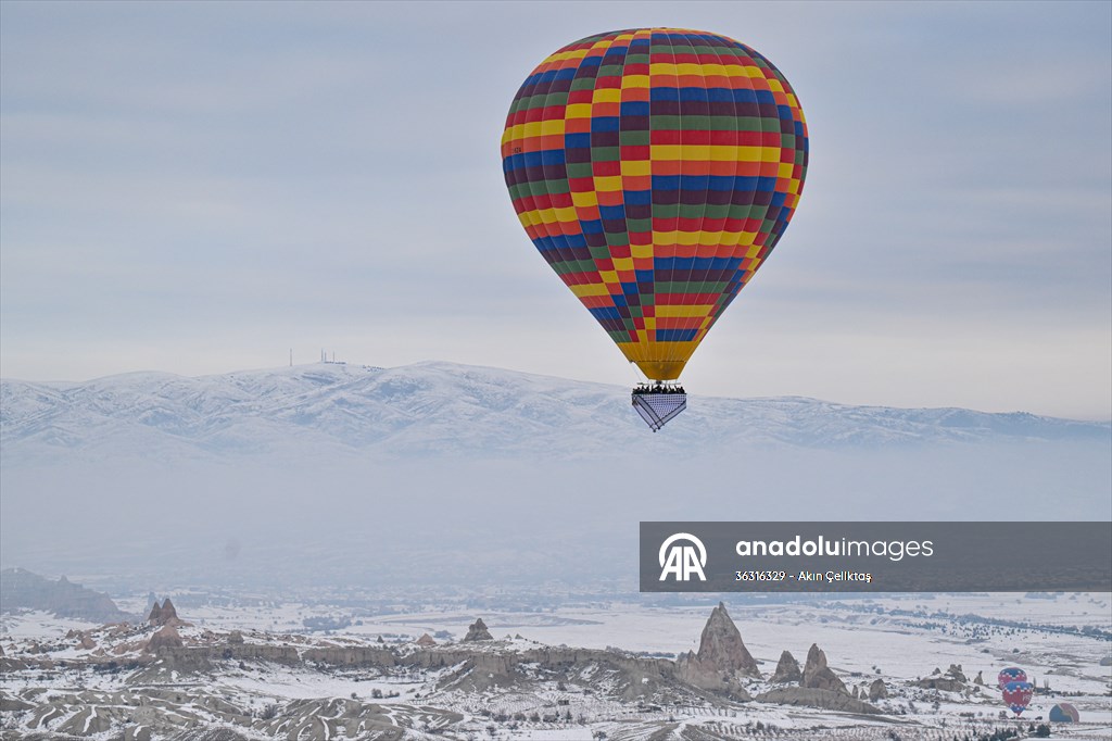 Hot air balloons with 'Palestinian keffiyeh' pattern rise above Cappadocia