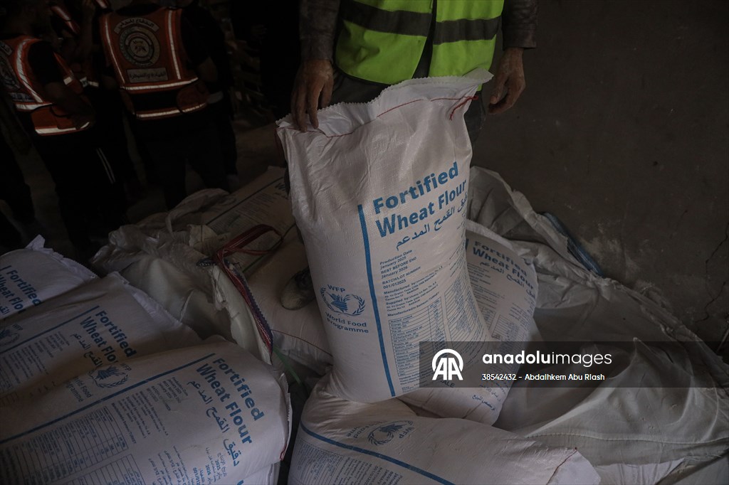 Flour aid distributed to Palestinians in Gaza under Israeli attacks