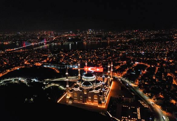 Mahya on Camlica Mosque in Istanbul