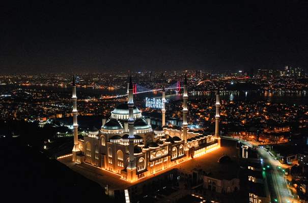 Mahya on Camlica Mosque in Istanbul
