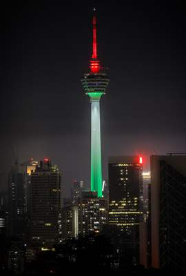 KL Tower illuminated with Palestinian flag's colors to show solidarity