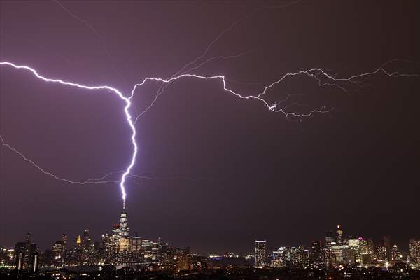 Lightning strikes over the Freedom Tower in NYC