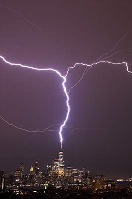 Lightning strikes over the Freedom Tower in NYC