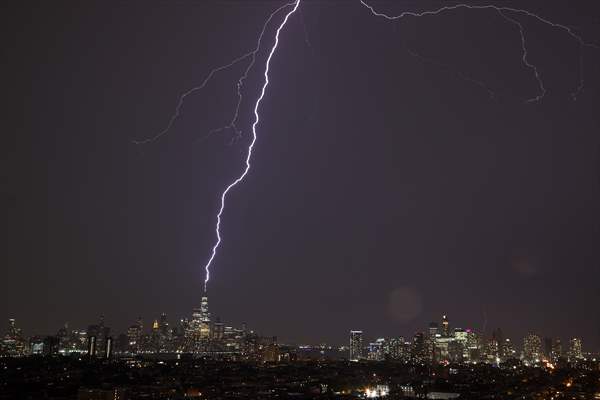 Lightning strikes over the Freedom Tower in NYC