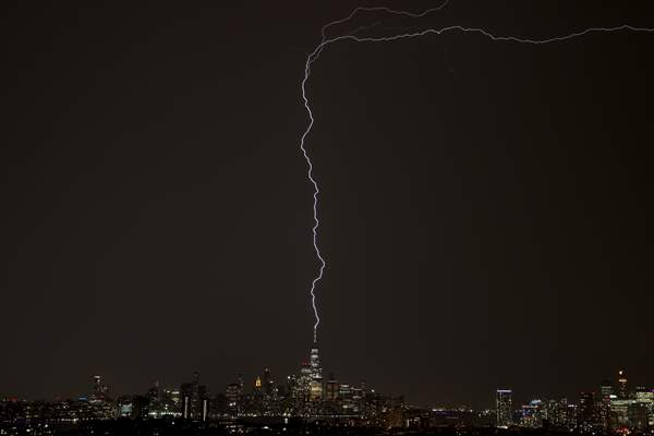 Lightning strikes over the Freedom Tower in NYC