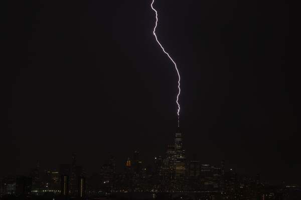 Lightning strikes over the Freedom Tower in NYC