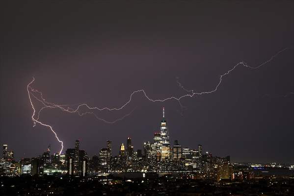 Lightning strikes over the Freedom Tower in NYC