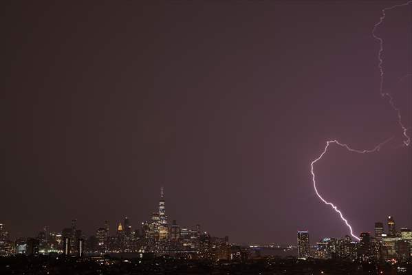 Lightning strikes over the Freedom Tower in NYC