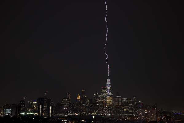 Lightning strikes over the Freedom Tower in NYC