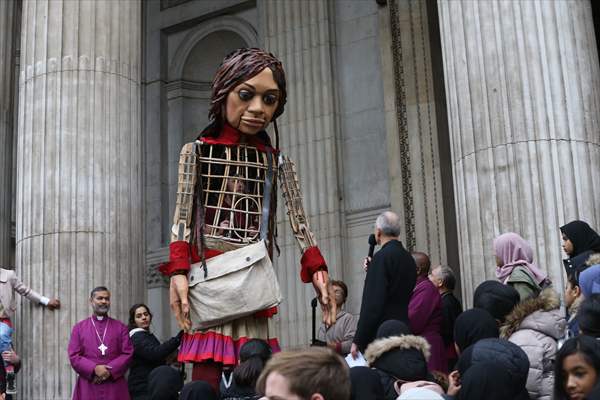 Little Amal, symbol of child refugees, reaches London
