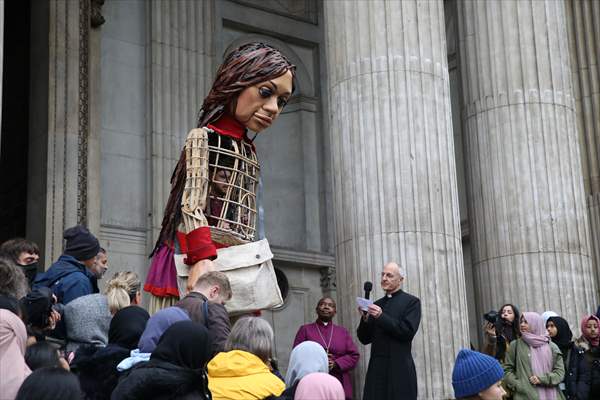 Little Amal, symbol of child refugees, reaches London