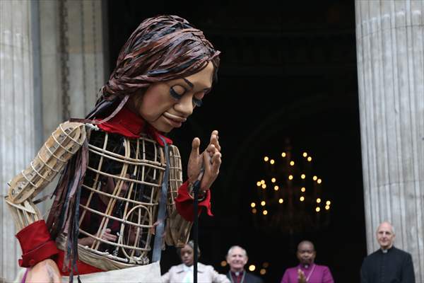 Little Amal, symbol of child refugees, reaches London