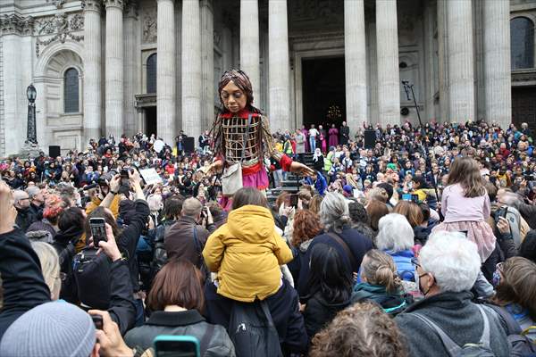 Little Amal, symbol of child refugees, reaches London