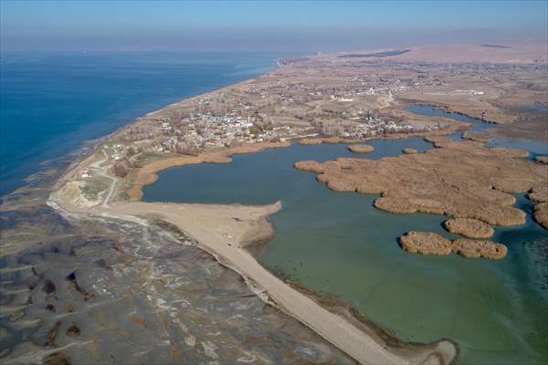 Under water areas turned into land after withdrawal of water in Lake Van