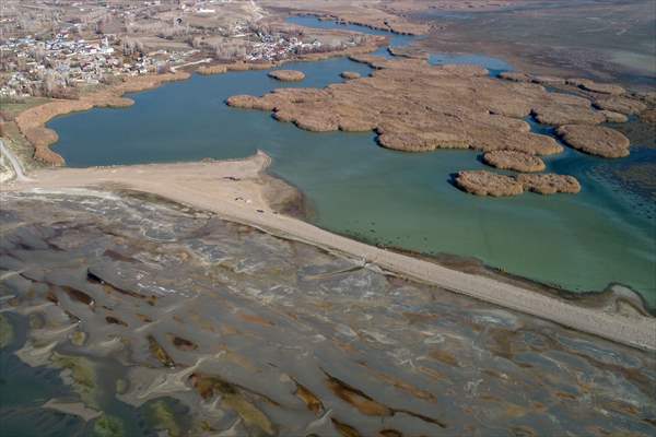 Under water areas turned into land after withdrawal of water in Lake Van