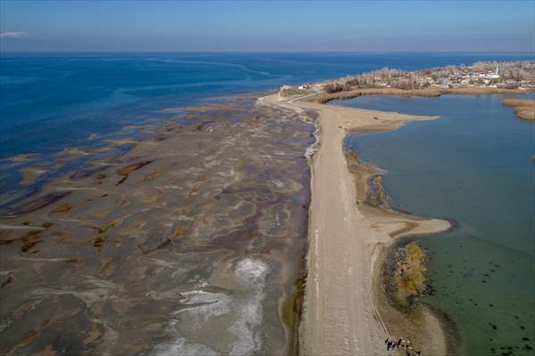 Under water areas turned into land after withdrawal of water in Lake Van